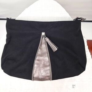 Stella & Dot Black & Pewter Metallic Fabric Clutch Bag Make Up Bag